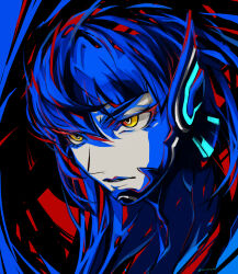  1boy blue_hair blue_lips bodysuit english_commentary eyelashes highres kaosuwaruta limited_palette long_hair looking_ahead male_focus mixed-language_commentary portrait protagonist_(smtv) shin_megami_tensei shin_megami_tensei_v sketch solo twitter_username yellow_eyes 