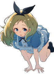  1girl alice_(alice_in_wonderland) alice_in_wonderland all_fours apron black_hairband blonde_hair blue_dress blue_eyes commission dress hairband highres looking_at_viewer mashiroshiro open_mouth original puffy_short_sleeves puffy_sleeves short_sleeves simple_background skeb_commission smile solo white_apron white_background 