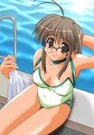  brown_hair casual_one-piece_swimsuit comic_party glasses long_hair makimura_minami one-piece_swimsuit pool poolside sitting swimsuit 