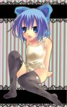  blue_hair cirno lowres one-piece_swimsuit pochi-t pochi_(pixiv) ribbon ribbons short_hair socks swimsuit thighhighs touhou 