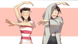 1boy 1girl :d arm_up black_hair black_hakama blush closed_mouth couple cowboy_shot czech_gana dancing green_eyes grey_haori hakama haneda_shuukichi japanese_clothes koi_dance long_hair meitantei_conan miyamoto_yumi open_mouth pink_background shirt short_hair sleeveless sleeveless_shirt smile striped_clothes striped_shirt wide_sleeves 