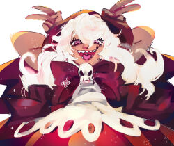  1girl apron bad_source bow bowtie cape cherry_cookie cookie_run crazy_smile double_v dress humanization low_twintails open_mouth pink_eyes red_dress red_hood smile tan twintails twosunsetsafter v warm_colored white_background white_hair 