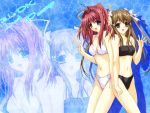  1280x960 3ldk back-to-back back_to_back bikini blue_eyes brown_eyes brown_hair crossover hand_holding holding_hands kimizuka_aoi long_hair lost_passage multiple_girls pink_hair senoo_chihogi swimsuit twintails wallpaper wave waving yamabuki_sayuki zoom_layer 