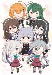  ahoge anniversary asashimo_(kancolle) asashimo_kai_ni_(kancolle) ashigara_(kancolle) ashigara_kai_ni_(kancolle) black_hair blunt_bangs brown_hair chibi closed_eyes commentary_request copyright_name dress glasses green_hair grey_hair greyscale grin highres index_finger_raised kantai_collection kasumi_(kancolle) kasumi_kai_ni_(kancolle) kaya_(kancolle) kiyoshimo_(kancolle) kiyoshimo_kai_ni_(kancolle) long_hair looking_at_viewer monochrome ooyodo_(kancolle) ooyodo_kai_(kancolle) orange_hair pinafore_dress pleated_dress school_uniform serafuku sharp_teeth short_hair sleeveless sleeveless_dress smile standing sugi_(kancolle) teeth tenshin_amaguri_(inobeeto) v 