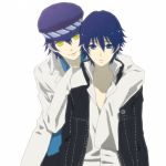  bad_id blue_eyes blue_hair butsuri_hansha cabbie_hat dark_persona dual_persona hat labcoat long_sleeves persona persona_4 reverse_trap shirogane_naoto short_hair yellow_eyes 