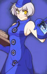  1girl absurdres bare_shoulders blue_dress blue_gloves blue_hat book breasts card commentary dress elizabeth_(persona) english_commentary gloves hat highres holding holding_book holding_card jeff_miga looking_at_viewer medium_breasts newsboy_cap open_book persona persona_3 sleeveless sleeveless_dress solo white_hair yellow_eyes 