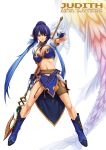  baul blue_hair boots breasts character_name cleavage elf gloves judith kazuma_muramasa loincloth midriff pointy_ears polearm red_eyes solo spear tales_of_(series) tales_of_vesperia title_drop weapon 