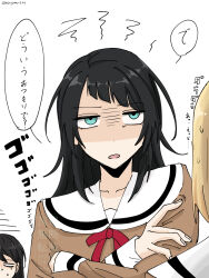  3girls bang_dream! bang_dream!_it's_mygo!!!!! black_hair blonde_hair blue_eyes commentary_request crossed_arms hanasakigawa_school_uniform highres medium_hair menacing_(jojo) misumi_uika multiple_girls nagomu_7_56 neck_ribbon red_ribbon ribbon sailor_collar school_uniform shiina_taki simple_background translation_request twitter_username white_background white_sailor_collar yahata_umiri 