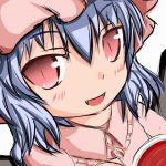  blue_hair blush cup lowres madhand red_eyes remilia_scarlet touhou wings 