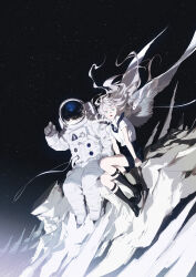  1girl 1other absurdres ambiguous_gender angel angel_wings astronaut black_necktie black_socks blue_eyes commentary english_commentary floating_hair hair_floating_upwards helmet highres kazari_tayu long_hair long_sleeves necktie open_mouth original pencil_skirt shirt skirt sky socks space space_helmet spacesuit star_(sky) starry_sky white_hair white_shirt wings 