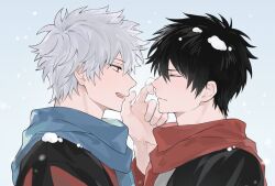  2boys adam's_apple arm_up black_hair black_shirt blue_scarf closed_eyes closed_mouth commentary gintama grey_hair highres hijikata_toushirou jin_(zhaomu_u) male_focus multiple_boys open_mouth parted_bangs red_eyes red_scarf sakata_gintoki scarf shirt short_hair smile snow snow_on_head snowing teeth upper_teeth_only winter 