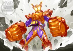 1boy absurdres armor bodysuit commentary debris helmet highres kamen_rider kamen_rider_gavv kamen_rider_gavv_(series) kamen_rider_gavv_over_mode looking_at_viewer male_focus otokamu solo standing tokusatsu twitter_username watermark yellow_eyes