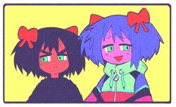  2girls 4chan black_hair black_shirt blue_hair border bow bury_ebil_gril bury_pink_gril closed_mouth colored_skin frown green_eyes green_hoodie hair_bow hood hood_down hoodie inkerton-kun long_hair looking_afar looking_at_viewer multiple_girls open_mouth pink_skin red_bow red_skin shirt short_hair smile upper_body very_long_hair white_border yellow_background 