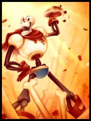  1boy 2016 2d absurdres alyssa_gerwig armor blue_shorts bone boots digital_media food gloves hand_on_own_hip highres holding holding_plate humanoid large_filesize legs_apart making-of_available male male_only monster monster_boy orange_background papyrus_(undertale) pasta plate red_boots red_gloves red_scarf scarf shorts skeleton solo spaghetti teeth undead undertale utdr_(toby_fox) white_armor 