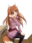  animal_ears brown_hair highres holo long_hair open_mouth red_eyes sitting spice_and_wolf tail transparent_background transparent_png vector_trace wolf_ears 
