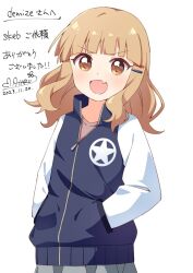  1girl :d blue_jacket blunt_bangs blush brown_eyes brown_hair commentary commission dated dot_nose english_commentary fang grey_skirt hair_ornament hairclip hand_in_pocket haru_(konomi_150) jacket long_sleeves looking_at_viewer medium_hair oomuro_sakurako open_mouth pleated_skirt signature simple_background skeb_commission skin_fang skirt smile solo upper_body v-shaped_eyebrows white_background yuru_yuri zipper 