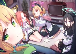  4girls :p aqua_eyes aqua_halo aqua_necktie aris_(blue_archive) black_hair black_hairband black_skirt black_thighhighs blonde_hair blue_archive blush card closed_mouth commentary_request flustered frilled_jacket frilled_skirt frills furrowed_brow game_development_department_(blue_archive) green_eyes green_jacket hairband halo highres holding holding_card id_card indoors jacket long_hair long_sleeves looking_at_another looking_at_viewer medium_hair meluwow midori_(blue_archive) millennium_science_school_logo momoi_(blue_archive) multiple_girls necktie off_shoulder open_clothes open_jacket open_mouth orange_hair parted_bangs pink_halo pink_jacket plant playing_card pleated_skirt power_symbol puffy_long_sleeves puffy_sleeves rectangular_halo red_eyes school_uniform seiza shirt siblings sisters sitting skirt smile split_mouth suspender_skirt suspenders television thigh-highs tongue tongue_out turning_head twins v-shaped_eyebrows very_long_hair violet_eyes wavy_eyebrows wavy_mouth white_jacket white_shirt wide_sleeves yellow_halo yuzu_(blue_archive) zettai_ryouiki 