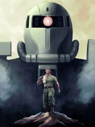  1boy absurdres belt cucuruz_doan facial_hair green_pants green_shirt gundam highres hoe male_focus mecha mobile_suit_gundam mobile_suit_gundam:_cucuruz_doan&#039;s_island over_shoulder pants poster_parody quality robot sakkan shirt stubble towel towel_on_one_shoulder zaku_ii zipper 