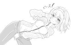  1girl blush breasts hair_ornament hairband heaven_burns_red long_sleeves medium_breasts ooshima_muua oyakodon451 pants solo sportswear v 