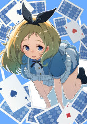  1girl alice_(alice_in_wonderland) alice_in_wonderland all_fours apron black_hairband blonde_hair blue_background blue_dress blue_eyes card commission dress hairband highres looking_at_viewer mashiroshiro open_mouth original playing_card puffy_short_sleeves puffy_sleeves short_sleeves skeb_commission smile solo white_apron 