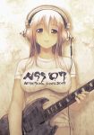  breasts gibson guitar headphones highres impossible_clothes impossible_shirt instrument large_breasts nitroplus pink_hair red_eyes shirt soniko super_sonico tsuji_santa 