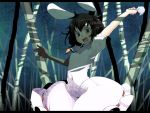  animal_ears bad_id bamboo bamboo_forest black_hair bunny_ears carrot forest holding holding_panties inaba_tewi kasuga_ayumu_(artist) letterboxed looking_at_viewer nature open_mouth panties rabbit_ears shade short_hair smile touhou underwear wallpaper 