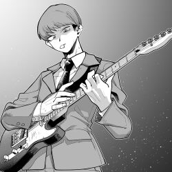  1boy absurdres blazer bowl_cut buttoned_cuffs buttons collared_shirt commentary_request electric_guitar fender_telecaster futsuu_no_keion-bu greyscale guitar guitar_strap guitar_tapping highres instrument jacket lapels long_sleeves male_focus mangakashibou monochrome mouth_hold music necktie notched_lapels playing_guitar playing_instrument plectrum plectrum_in_mouth school_uniform shirt short_hair solo takami_kouki upper_body very_short_hair 