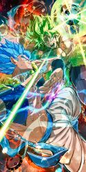  2boys absurdres angry black_pants blank_eyes blue_eyes blue_hair broly_(dragon_ball_super) commentary_request dragon_ball dragon_ball_super dragon_ball_super_broly gogeta grin highres legendary_super_saiyan looking_at_another male_focus metamoran_vest multiple_boys muscular muscular_male open_mouth ossan_zabi_190 pants smile spiky_hair super_saiyan super_saiyan_blue sweat teeth very_sweaty white_pants 