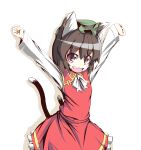  aikata animal_ears arms_up blush_stickers bowtie brown_eyes brown_hair cat_ears cat_tail chen fang happy hat jewelry looking_at_viewer multiple_tails no_nose open_mouth outstretched_arms short_hair single_earring smile solo stretch tail touhou 