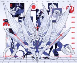  3others absurdres angel angel_wings biblically_accurate_angel bird_legs blood blood_on_arm closed_mouth colored_skin crrn eyeball feathered_wings head_wings highres multiple_others original self-harm snake_tail strangling tail too_many_wings very_long_tail white_hair white_skin wings 