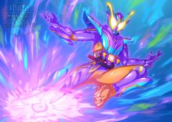  1boy absurdres armor bodysuit commentary energy finishing_move glowing glowing_eyes gochipod highres kamen_rider kamen_rider_gavv kamen_rider_gavv_(series) kamen_rider_gavv_master_mode looking_at_viewer male_focus open_hands otokamu rider_kick solo tokusatsu twitter_username watermark yellow_eyes 