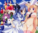  alice_in_wonderland animal_ears balloon bikini blonde_hair blue_eyes blue_hair brown_eyes bunny_ears cake card cards cheshire_cat floating_card food fruit goshuushou-sama_ninomiya-kun highres houjou_reika long_hair midriff ninomiya_shungo orange_hair pastry rabbit_ears scan strawberry swimsuit takanae_kyourin thigh-highs thighhighs tsukimura_mayu very_long_hair white_rabbit 