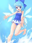  1girl bad_id bare_legs bare_shoulders barefoot blue_eyes blue_hair cirno female foreshortening hands looking_at_viewer midori_(green_tea) midori_(pixiv) one-piece one-piece_swimsuit open_mouth outstretched_arms ribbon ribbons short_hair smile solo standing_on_one_leg swimsuit touhou water wings 