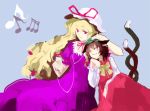  animal_ears blonde_hair brown_hair cat_ears cat_tail catgirl chen digital_media_player earphones earrings hat ipod jewelry mosuke multiple_girls multiple_tails musical_note nekomata nekomimi notes pet_the_catgirl petting red_eyes ribbon tail touhou yakumo_yukari 