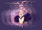  alphes_(style) animal_ears breasts bunny_ears highres itou_yuuji large_breasts long_hair no_panties open_mouth parody purple_hair rabbit_ears red_eyes reisen_udongein_inaba skirt_tug solo style_parody touhou v_arms very_long_hair wind_lift 