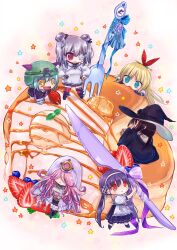  6+girls aoi_brown_2 black_hair blonde_hair breasts bungo_yayoi cake chibi covered_eyes crab_claw double_bun eyepatch fake_horns food green_hair hair_bun hair_ornament hat heaven_burns_red helmet highres horns kanzaki_adelheid long_hair long_sleeves medium_hair multiple_girls one_eye_covered pink_hair ponytail red_eyes sakuraba_seira satsuki_mari short_hair team_31c_(heaven_burns_red) tenne_miko twintails very_long_hair white_hair witch_hat yamawaki_bon_ivar yellow_eyes 