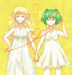  dress earrings flower green_hair hand_holding heart holding_hands jewelry long_hair macross macross_frontier ranka_lee sheryl_nome short_hair smile twintails yoshi_92 