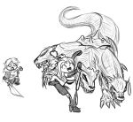   cerberus claws dog dress closed_eyes fangs final_fantasy final_fantasy_viii gunblade hug monochrome monster open_mouth pointing quistis_trepe redchocobo short_hair sketch squall_leonhart tail  