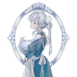  1girl absurdres animal apron bird blue_dress blue_eyes bun_cover c_cand1e collared_dress commentary_request cowboy_shot dress from_side goose grey_hair hair_bun highres holding holding_animal holding_bird juliet_sleeves long_hair long_sleeves looking_at_viewer maid original picture_frame profile puffy_sleeves single_hair_bun solo standing white_apron white_background 