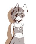  aikata alternate_costume antennae arms_behind_back blush brown camisole casual frown looking_at_viewer midriff monochrome navel shadow short_hair simple_background touhou white_background wriggle_nightbug 