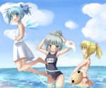  alternate_hairstyle armpits barefoot blonde_hair blue_eyes blue_hair blush bob_cut bow cirno cloud collarbone dress flat_chest flying ghost green_eyes hair_bow hair_ribbon hair_tie haku_tere_kasu konpaku_youmu konpaku_youmu_(ghost) moriya_suwako multiple_girls myon ocean one-piece_swimsuit open_mouth ponytail ribbon ribbons school_swimsuit shiro_tele_cus short_hair silver_hair sky standing sundress swimsuit touhou wading water wings 