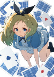  1girl alice_(alice_in_wonderland) alice_in_wonderland all_fours apron black_hairband blonde_hair blue_dress blue_eyes card commission dress hairband highres looking_at_viewer mashiroshiro open_mouth original playing_card puffy_short_sleeves puffy_sleeves short_sleeves skeb_commission smile solo white_apron white_background 