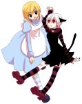  alice alice_(wonderland) alice_in_wonderland animal_ears apron asymmetrical_clothes bell blonde_hair cat_ears cat_eyes cheshire_cat dress hair_ribbon highres mary_janes one_kneehigh one_thighhigh red_eyes ribbon shoes short_hair single_kneehigh single_thighhigh slit_pupils socks striped striped_legwear striped_socks stripped_socks tail thigh-highs thighhighs 
