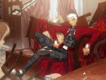  archer crossed_legs fate/stay_night fate_(series) game_cg male short_hair sitting solo takeuchi_takashi white_hair 