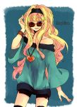  bare_shoulders blonde_hair blue_eyes bracelet curly_hair glasses hairband headband jewelry macross macross_frontier necklace sheryl_nome shorts sunglasses thigh-highs thighhighs 