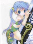  bandage bandeau bare_shoulders blue_eyes blue_hair chibi gretel long_hair midriff navel otogi-jushi_akazukin pop scan shorts simple_background sleeveless socks sword tubetop twintails weapon 