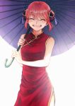  1girl backlighting blush china_dress chinese_clothes closed_eyes cowboy_shot double_bun dress eyebrows_visible_through_hair gintama grin holding holding_umbrella kagura_(gintama) orange_hair oriental_umbrella purple_umbrella red_dress shiny shiny_hair short_hair side_slit simple_background sleeveless sleeveless_dress smile solo standing szzz_k umbrella white_background 