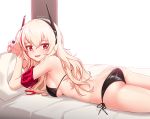  1girl :d armband ass back bangs bare_shoulders bikini blonde_hair blush breasts eyeball fang girls_frontline hairband highres holding large_breasts long_hair looking_at_viewer lying m4_sopmod_ii_(girls_frontline) multicolored_hair narynn on_stomach open_mouth red_eyes redhead side-tie_bikini smile solo streaked_hair swimsuit thighs twitter_username 