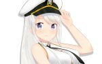  1girl arm_up azur_lane bangs bare_arms bare_shoulders black_neckwear blush breasts closed_mouth collared_shirt commentary_request dress_shirt enterprise_(azur_lane) eyebrows_visible_through_hair hair_between_eyes hand_on_headwear hat highres large_breasts long_hair looking_at_viewer military_hat necktie peaked_cap romaji_commentary shirt silver_hair simple_background sleeveless sleeveless_shirt smile solo upper_body violet_eyes white_background white_headwear white_shirt yuujoduelist 