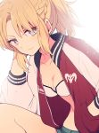 1girl blonde_hair braid breasts cleavage commentary_request fate/grand_order fate_(series) green_eyes hand_in_jacket jacket long_hair long_sleeves looking_at_viewer medium_breasts mordred_(fate) mordred_(fate)_(all) ponytail red_jacket ricco_(artist) shorts simple_background smile solo white_background white_jacket 